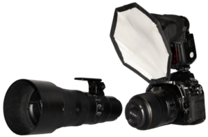 Wildlife photography setup. Nikon cameras, lenses, flashes and difuser